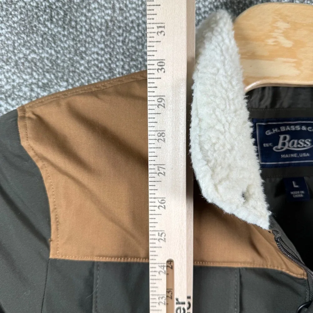 G.H. Bass Sherpa Collar Puffer Jacket Mens Large Green Tan Colorblock Canvas